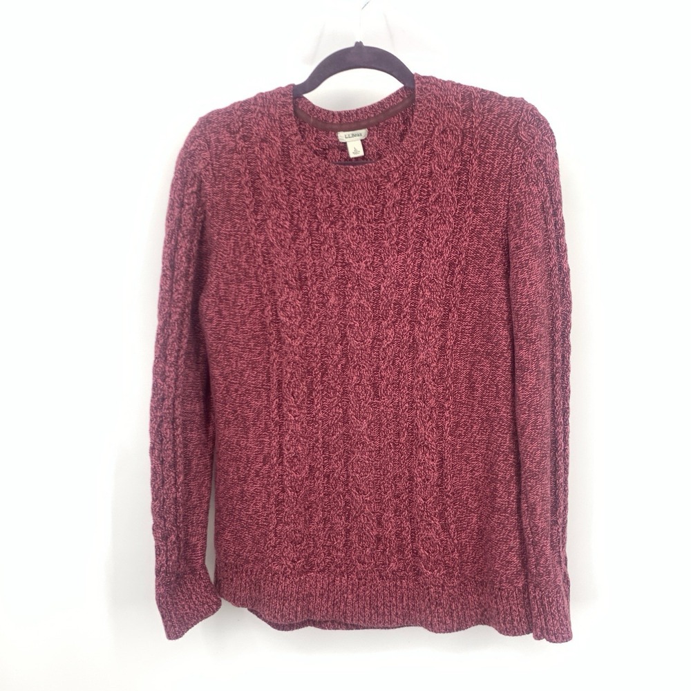 LL Bean Women Size Large Sweater Pink Maroon Cable Knit Crew Pullover Top Cotton